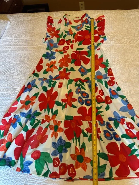 Floral Tiered Midi Dress in White with Red & Blue Blooms - Picture 4 of 9